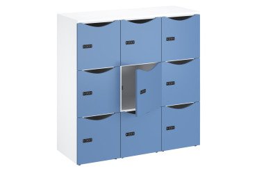 Casier bureau lockers 9 cases corps blanc - H 132,9 cm - portes laquées - serrure à code + clé de secours