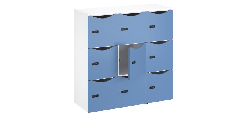 Casier bureau lockers 9 cases corps blanc - H 132,9 cm - portes laquées - serrure à code + clé de secours