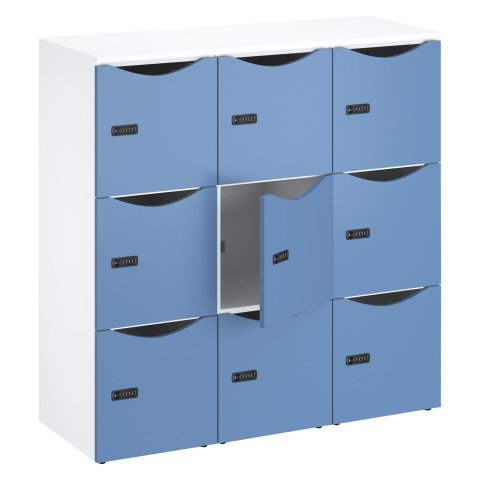 Casillero de oficina con 9 compartimentos, cuerpo blanco, altura 132,9 cm azul