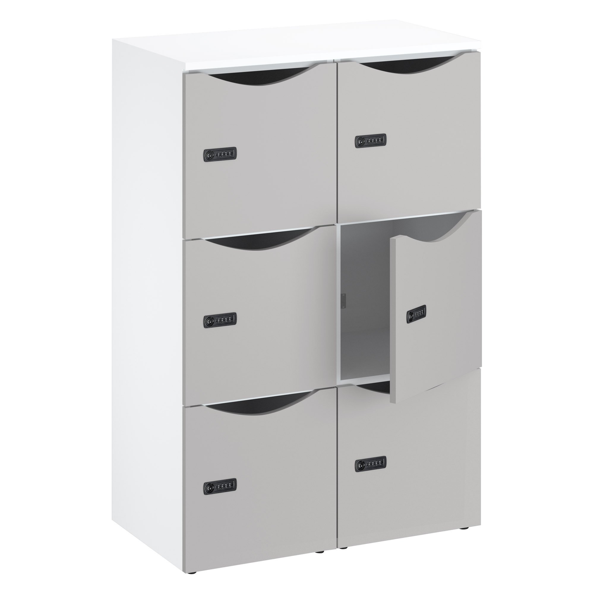 Office locker unit with 6 compartments, white body - H 132.9 cm - lacquered doors - code lock + emergency key.