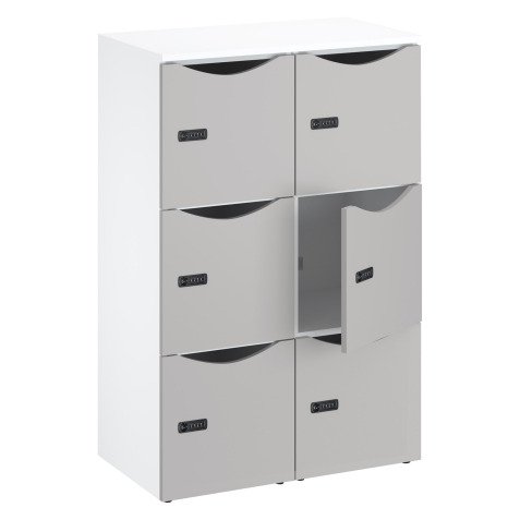 Office locker unit with 6 compartments, white body - H 132.9 cm - lacquered doors - code lock + emergency key.