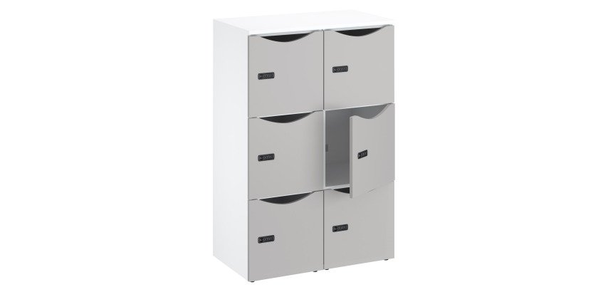 Casier de bureau bois Lockers 6 cases corps blanc - H 132,9 cm - portes laquées - serrure à code + clé de secours