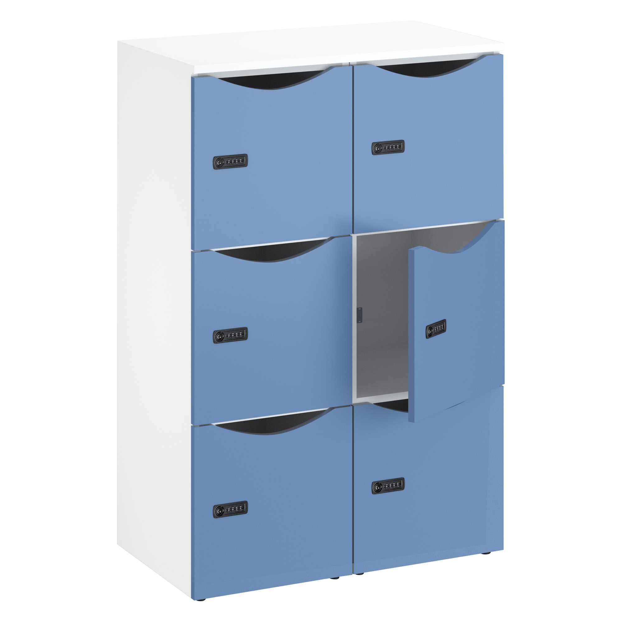 Casier bureau lockers 6 cases corps blanc  porte couleurs H 132,9 cm - serrure à code + clé de secours