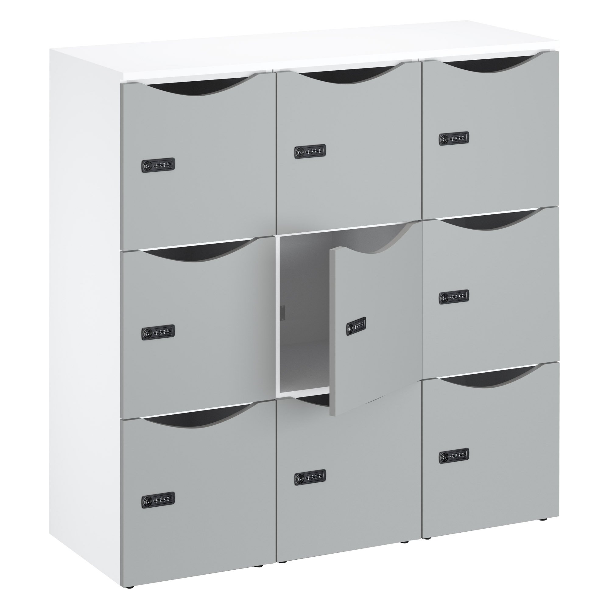 Casier bureau lockers 9 cases corps blanc porte couleurs H 132,9 cm - serrure à code