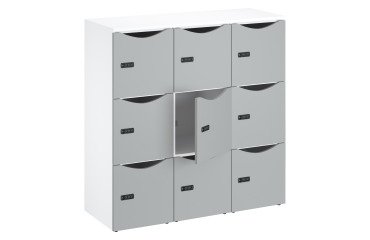 Casillero de oficina con 9 compartimentos, cuerpo blanco, altura 132,9 cm, puertas lacadas, cerradura con código + llave de repuesto