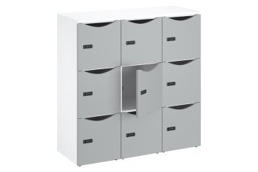Casier bureau lockers 9 cases corps blanc - H 132,9 cm - portes laquées - serrure à code + clé de secours