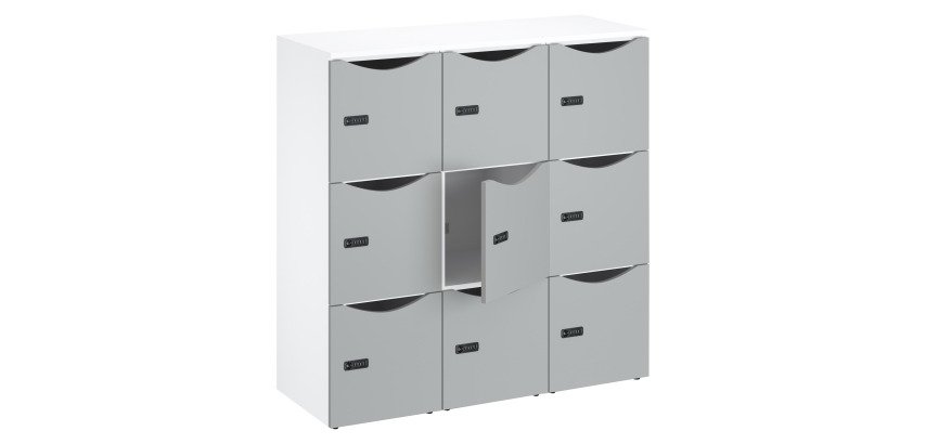 Casier de bureau bois Lockers 9 cases corps blanc - H 132,9 cm - portes laquées - serrure à code + clé de secours