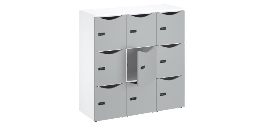 Casillero de oficina con 9 compartimentos, cuerpo blanco, altura 132,9 cm, puertas lacadas, cerradura con código + llave de repuesto