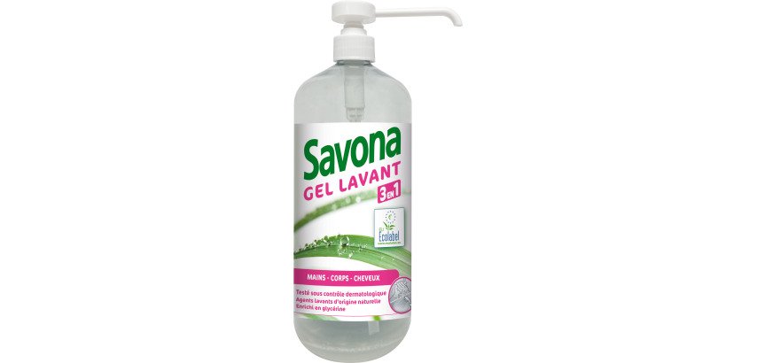Gel lavant 3 en 1 mains, corps, cheveux Savona - Flacon de 1 L