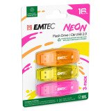 Pack of 3 Emtec C410 neon 16GB USB keys