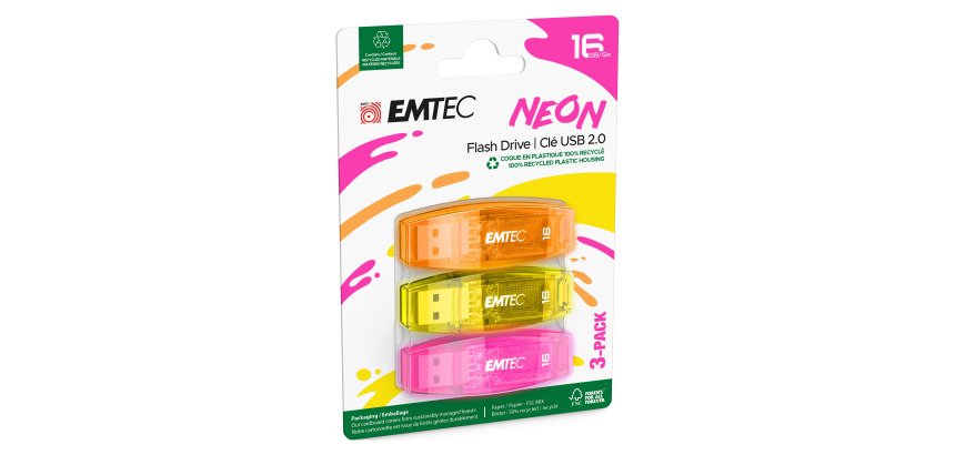 Pack de 3 clés USB A Emtec C410 néon 16 Go