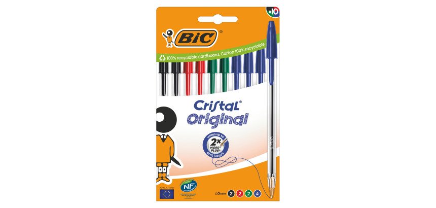 Stylo bille Bic Cristal Original écriture moyenne - Pochette de 10 couleurs classiques