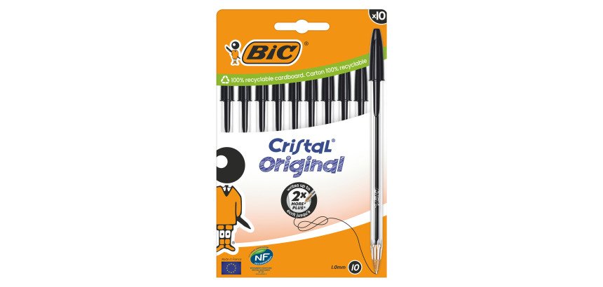 Stylo bille Bic Cristal Original à capuchon pointe 1 mm écriture moyenne - Pochette de 10