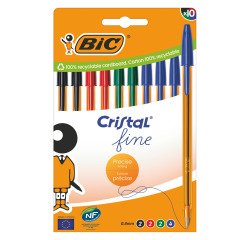 Stylo bille Bic Cristal Original Fine écriture extra-fine - Pochette de 10 couleurs classiques