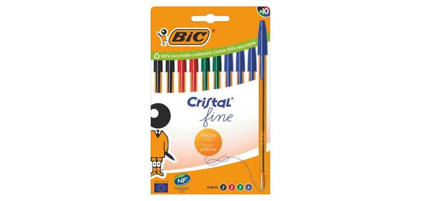 Stylo bille Bic Cristal Original Fine écriture extra-fine - Pochette de 10 couleurs classiques