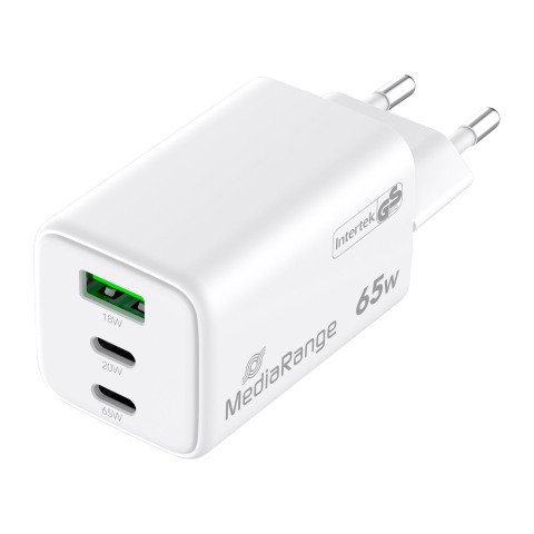 Cargador rápido GaN MediaRange 65 W 2 USB-C, 1 USB-A.