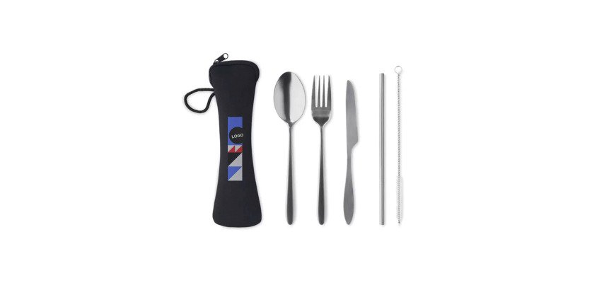 Set von 5 Bestecken aus Edelstahl - Werbetasche - mehrfarbige Markierung