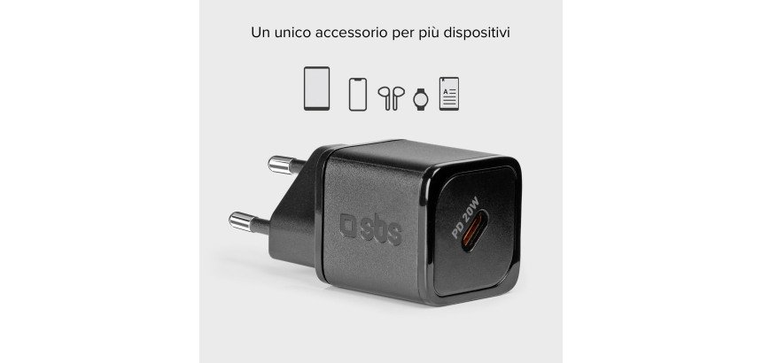 SBS Caricatore caricabatterie ultrarapido GaN da 20 Watt Power Delivery - Nero