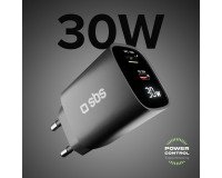 SBS Caricabatterie da muro con schermo LCD, 1 uscita USB-C PD 30W, 1 uscita USB-A 18W