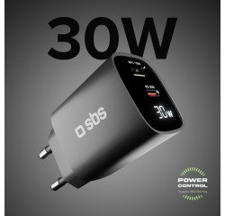 SBS Caricabatterie da muro con schermo LCD, 1 uscita USB-C PD 30W, 1 uscita USB-A 18W
