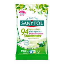 Serpillères nettoyantes désinfectantes Sanytol 94 % Végétal Eucalyptus & Menthe - Paquet de 15