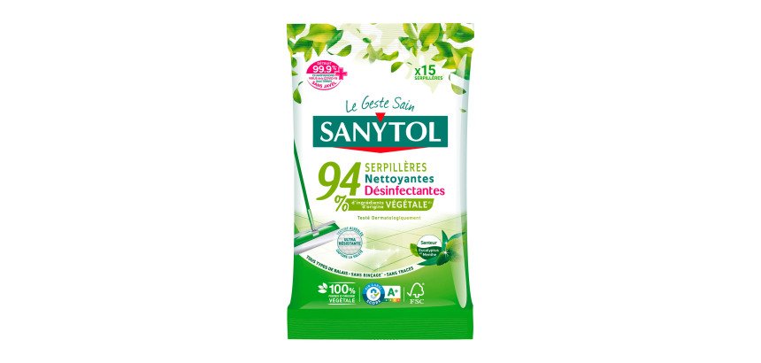 Serpillères nettoyantes désinfectantes Sanytol 94 % Végétal Eucalyptus & Menthe - Paquet de 15