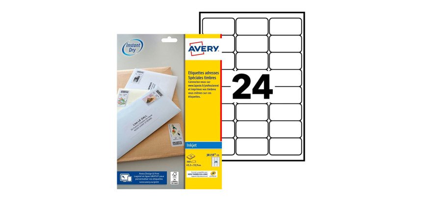 Etiquette avery jet encre \"mon tiembre en ligne\"  63,5  x 33,9mm boite de 360