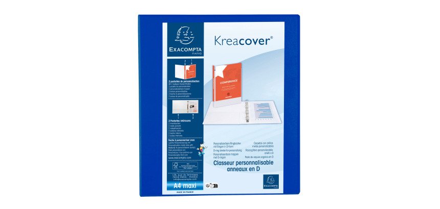 Classeur 4 anneaux plastifié Exacompta Kreacover® personnalisable A4 maxi - Dos 7,5 cm bleu