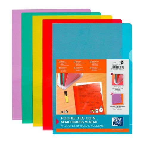 L-mapjes met plastic hoek Oxford M Star A4 PVC glad 15/100e assorti in kleur - Pak van 10