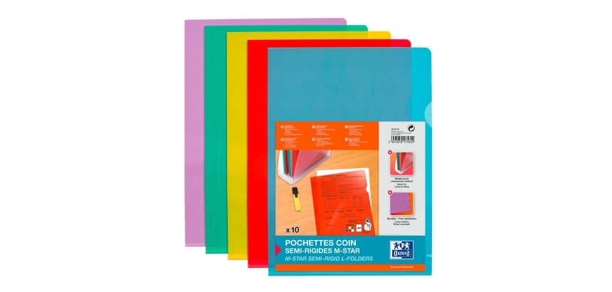 Chemise coin plastique Oxford M Star A4 PVC lisse 15/100e coloris assortis - Sachet de 10