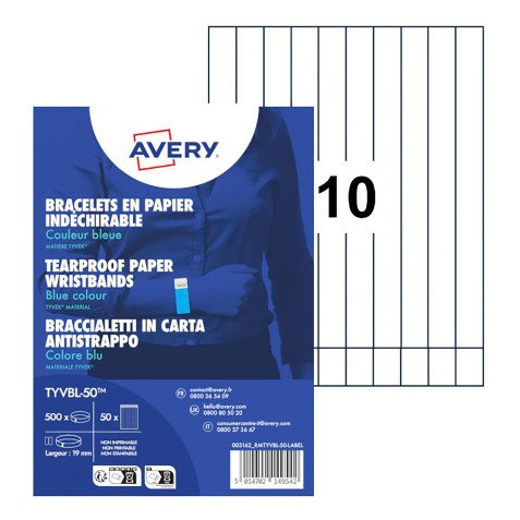 Avery Braccialetti identificativi inTyvek - blu fluo - Conf 500