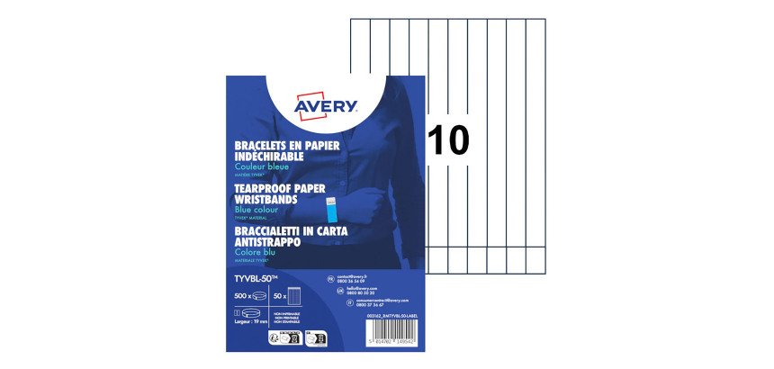 Avery Braccialetti identificativi inTyvek - blu fluo - Conf 500