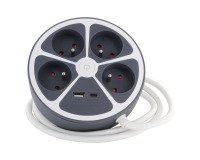 Steckdosenleiste im kreisförmigen Design mit 4 Steckdosen (16 A), 1 USB-A und 1 USB-C-Anschluss + Schalter - 1,5 m Kabel