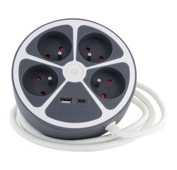 Circular design power strip 4 X 16 A with 1 USB-A and 1 USB-C + switch - 1.5m cable