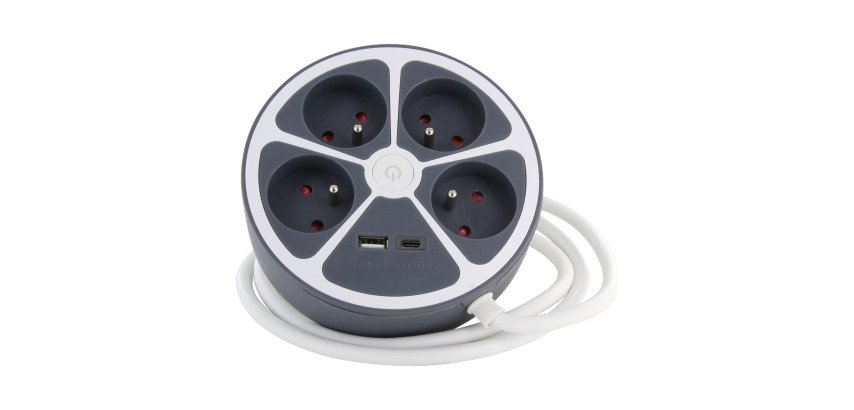 Steckdosenleiste im kreisförmigen Design mit 4 Steckdosen (16 A), 1 USB-A und 1 USB-C-Anschluss + Schalter - 1,5 m Kabel