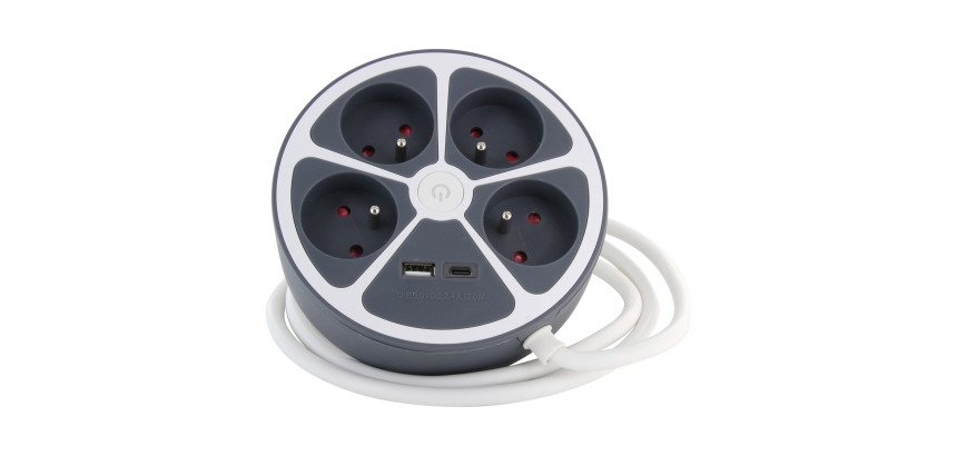 Multiprise design circulaire 4 X 16 A avec 1 USB-A et 1 USB- C + interrupteur - câble 1,5m