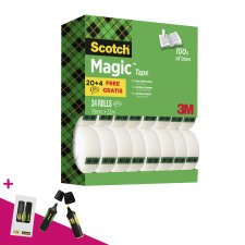 Pack 20 rubans adhésifs Scotch Magic invisible 33 m + 4 offerts. Pour l'achat d'un pack 20+4 = 1 set de 2 surligneurs offert