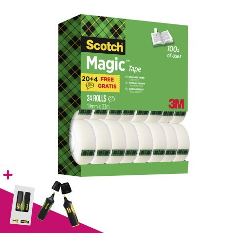 Pack 20 rubans adhésifs Scotch Magic invisible 33 m + 4 offerts. Pour l'achat d'un pack 20+4 = 1 set de 2 surligneurs offert