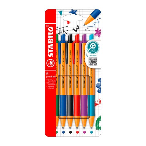 Stylo bille Stabilo Pointball rétractable pointe 2,5 mm - écriture moyenne - Pochette de 6