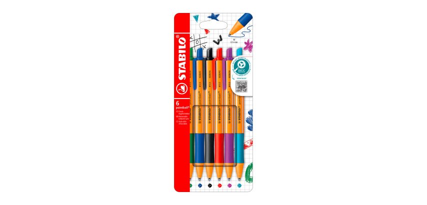 Stylo bille Stabilo Pointball rétractable pointe 2,5 mm - écriture moyenne - Pochette de 6