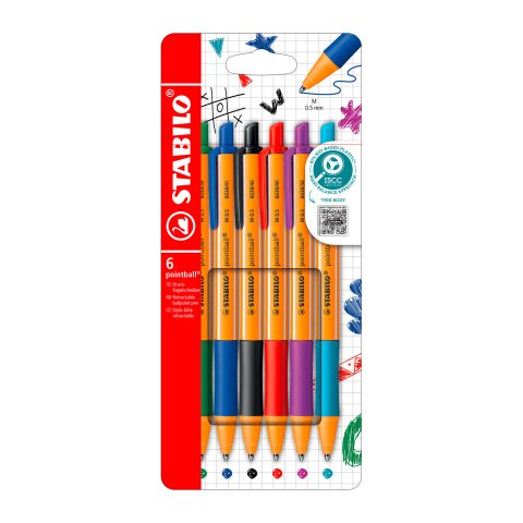 Bolígrafo retráctil Stabilo Pointball, punta de 2,5 mm - punta media - Paquete de 6