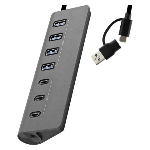 Hub USB-C/A de aluminio 7 en 1 TnB 3.0 (3x USB-C + 4x USB-A 3.0) con adaptador USB-A y C