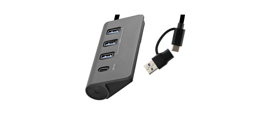Hub USB-C/USB-A de aluminio 4 en 1 (1x USB-C + 3x USB-A) con adaptador USB-A y C de TnB
