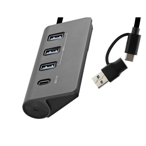 Hub USB-C/USB-A de aluminio 4 en 1 (1x USB-C + 3x USB-A) con adaptador USB-A y C de TnB