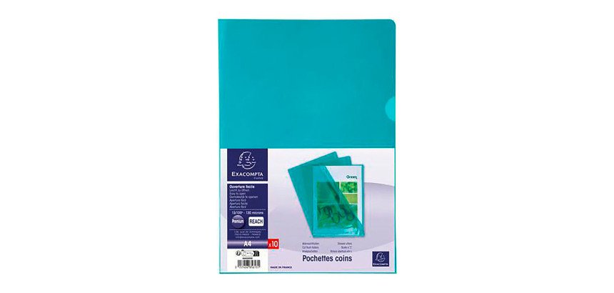 Chemise coin plastique Exacompta A4 PVC 13/100e transparente coloris vert - Paquet de 10
