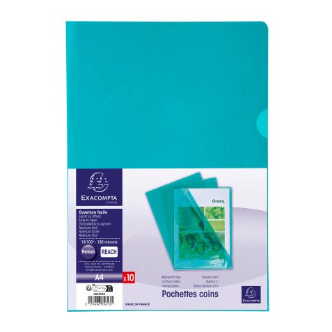 Chemise coin plastique Exacompta A4 PVC 13/100e transparente colori vert - Paquet de 10