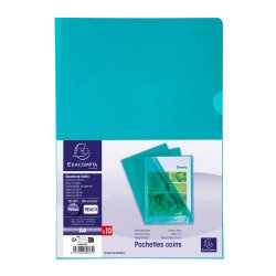 Chemise coin plastique Exacompta A4 PVC 13/100e transparente colori vert - Paquet de 10