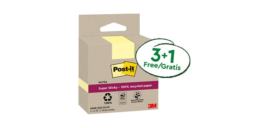 Confezione convenienza Foglietti Post-it Super Sticky Giallo Canary in carta riciclata 76x76 mm 3 + 1 omaggio 70 fogli