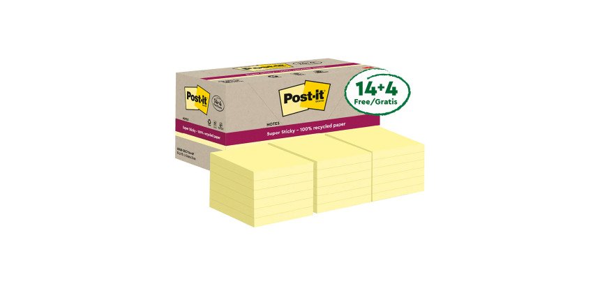 Confezione convenienza Foglietti Post-it Super Sticky Giallo Canary in carta riciclata 76x76 mm 14 + 4 omaggio 70 fogli