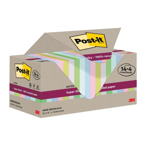 Post it Super Sticky Assortiti in carta riciclata 76 x 76 mm Confezione convenienza 14+4 unità da 70 fogli